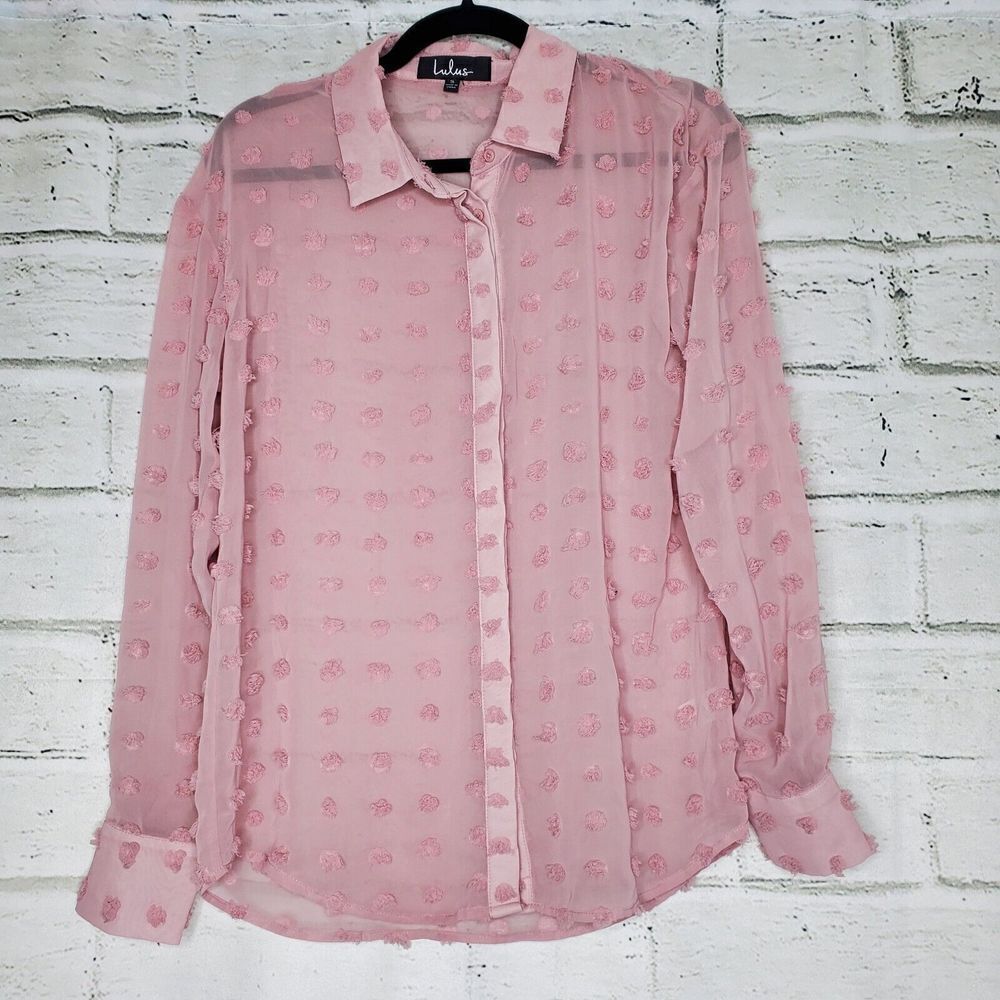 Lulus Sheer Romance Mauve Swiss Dot Long Sleeve Button Up Top Womens Small